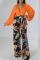 Tangerine Casual Print Bandage Patchwork V Neck Long Sleeve Two Pieces