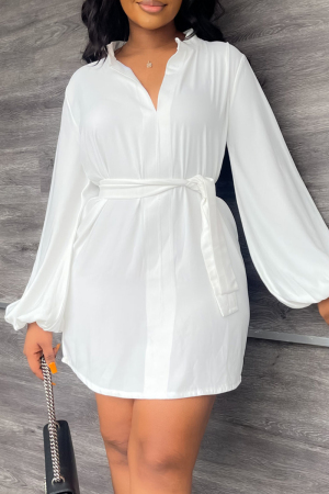 White Fashion Casual Solid Patchwork V Neck Long Sleeve Dresses