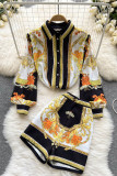 Yellow Fashion Casual Print Patchwork Turndown Collar Long Sleeve Two Pieces