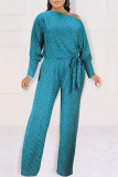 Blue Casual Solid Bandage Patchwork Oblique Collar Straight Jumpsuits