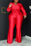 Red Casual Solid Bandage Patchwork Buckle Turndown Collar Plus Size Two Pieces