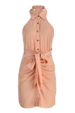Nude Pink Sexy Solid Bandage Patchwork Buckle Fold Turndown Collar One Step Skirt Dresses