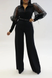 Black Fashion Solid Mesh V Neck Boot Cut Jumpsuits(Without belt)