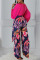 Rose Red Casual Print Bandage Patchwork V Neck Long Sleeve Two Pieces