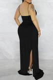 Black Fashion Sexy Solid Patchwork Backless Fold Spaghetti Strap Long Dress