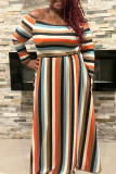 Multicolor Fashion Casual Striped Print Patchwork O Neck Long Sleeve Plus Size Dresses