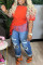 Tangerine Red Fashion Casual Solid Patchwork O Neck Plus Size Tops