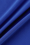Blue Fashion Casual Plus Size Print Patchwork Fold O Neck Short Sleeve Dress