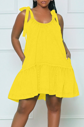Yellow Casual Solid Bandage Patchwork Spaghetti Strap A Line Dresses