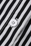 Black Casual Striped Print Patchwork Buckle Turndown Collar Straight Jumpsuits