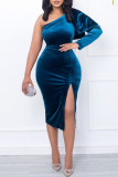 Blue Fashion Sexy Solid Patchwork Backless Slit Oblique Collar Long Sleeve Dresses