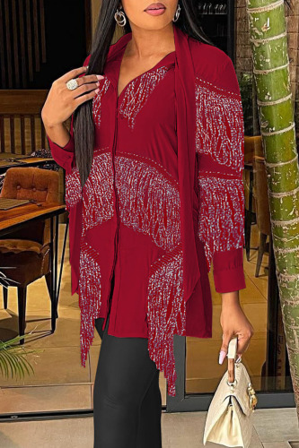 Burgundy Fashion Casual Solid Tassel Patchwork Buckle Tops
