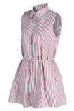 Pink Casual Striped Print Patchwork Buckle Turndown Collar Straight Jumpsuits