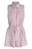Pink Casual Striped Print Patchwork Buckle Turndown Collar Straight Jumpsuits