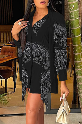 Black Fashion Casual Solid Tassel Patchwork Buckle Tops