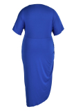 Blue Fashion Casual Plus Size Print Patchwork Fold O Neck Short Sleeve Dress
