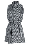 Black Casual Striped Print Patchwork Buckle Turndown Collar Straight Jumpsuits