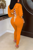 Orange Casual Solid Draw String O Neck Long Sleeve Two Pieces