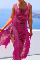 Rose Red Sexy Solid Tassel Bandage Hollowed Out Patchwork Asymmetrical Swimwears Cover Up