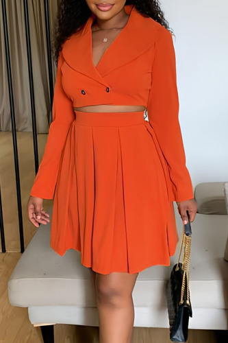 Tangerine Red Casual Solid Patchwork Buttons Fold Turn-back Collar Long Sleeve Two Pieces