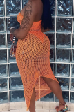 Orange Sexy Solid Mesh Strapless Pencil Skirt Dresses