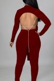 Burgundy Sexy Print Patchwork Backless Slit O Neck Long Sleeve Two Pieces