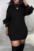 Black Casual Solid Patchwork O Neck Straight Dresses