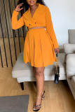 Yellow Casual Solid Patchwork Buttons Fold Turn-back Collar Long Sleeve Two Pieces