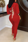 Red Casual Solid Draw String O Neck Long Sleeve Two Pieces
