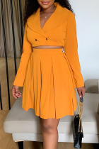 Yellow Casual Solid Patchwork Buttons Fold Turn-back Collar Long Sleeve Two Pieces