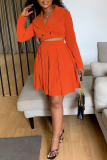 Tangerine Red Casual Solid Patchwork Buttons Fold Turn-back Collar Long Sleeve Two Pieces