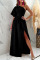 Black Sexy Elegant Solid Patchwork Slit Oblique Collar Straight Dresses