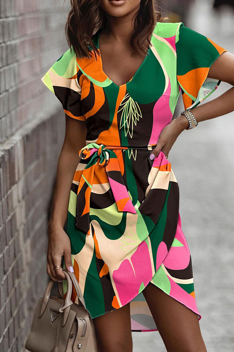 Army Green Casual Print Bandage Patchwork V Neck Irregular Dress 