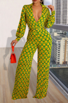Yellow Fashion Print Patchwork V Neck Boot Cut Jumpsuits