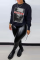 Black Fashion Street Print Patchwork Letter O Neck Tops
