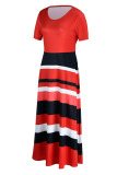 Tangerine Red Casual Elegant Striped Print Patchwork O Neck A Line Dresses