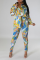 Yellow Casual Print Patchwork Turndown Collar Long Sleeve Two Pieces