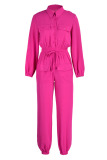 Rose Red Casual Solid Patchwork Buckle Turndown Collar Jumpsuits