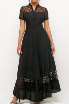 Black Elegant Polka Dot Patchwork Buckle O Neck A Line Dresses