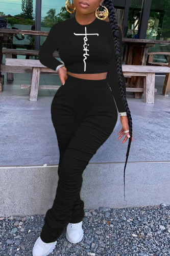 Black Casual Print Patchwork Fold O Neck Long Sleeve Two Pieces