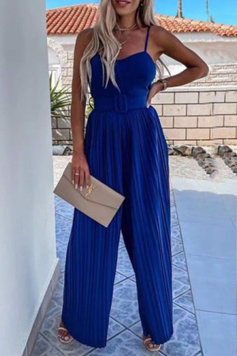 Blue Sexy Solid Patchwork Fold Spaghetti Strap Straight Jumpsuits
