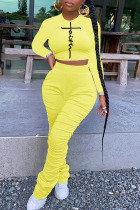 Yellow Casual Print Patchwork Fold O Neck Long Sleeve Two Pieces