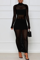 Black Sexy Solid Patchwork See-through Half A Turtleneck One Step Skirt Dresses