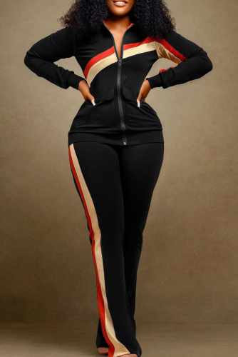 Black Casual Solid Patchwork Zipper Collar Long Sleeve Two Pieces