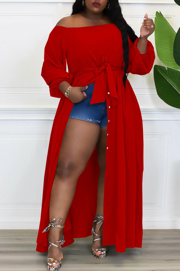 Red Casual Solid Bandage Patchwork Buckle Off the Shoulder Plus Size Dresses