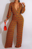 Yellow Fashion Print Patchwork V Neck Boot Cut Jumpsuits