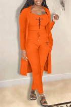 Orange Casual Print Patchwork U Neck Long Sleeve Two Pieces