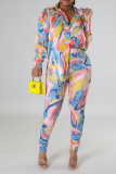 Pink Casual Print Patchwork Turndown Collar Long Sleeve Two Pieces