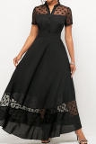 Black Elegant Polka Dot Patchwork Buckle O Neck A Line Dresses