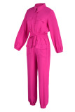 Rose Red Casual Solid Patchwork Buckle Turndown Collar Jumpsuits